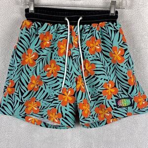 Slunks Shorts Men XS Green Orange Hibiscus Palms Beach Volleyball High Biscuits